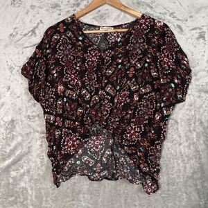 Love on a Hanger Boho Paisley Floral Knot Front Blouse Size Small S Black Pink